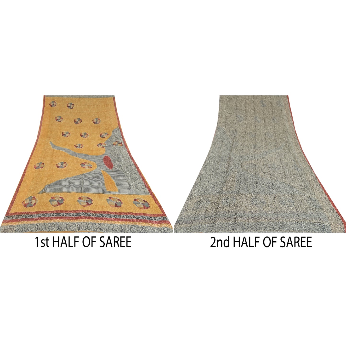 Sanskriti Vintage Sarees Yellow/Gray Pure Georgette Printed Sari Craft Fabric