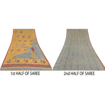 Sanskriti Vintage Sarees Yellow/Gray Pure Georgette Printed Sari Craft Fabric