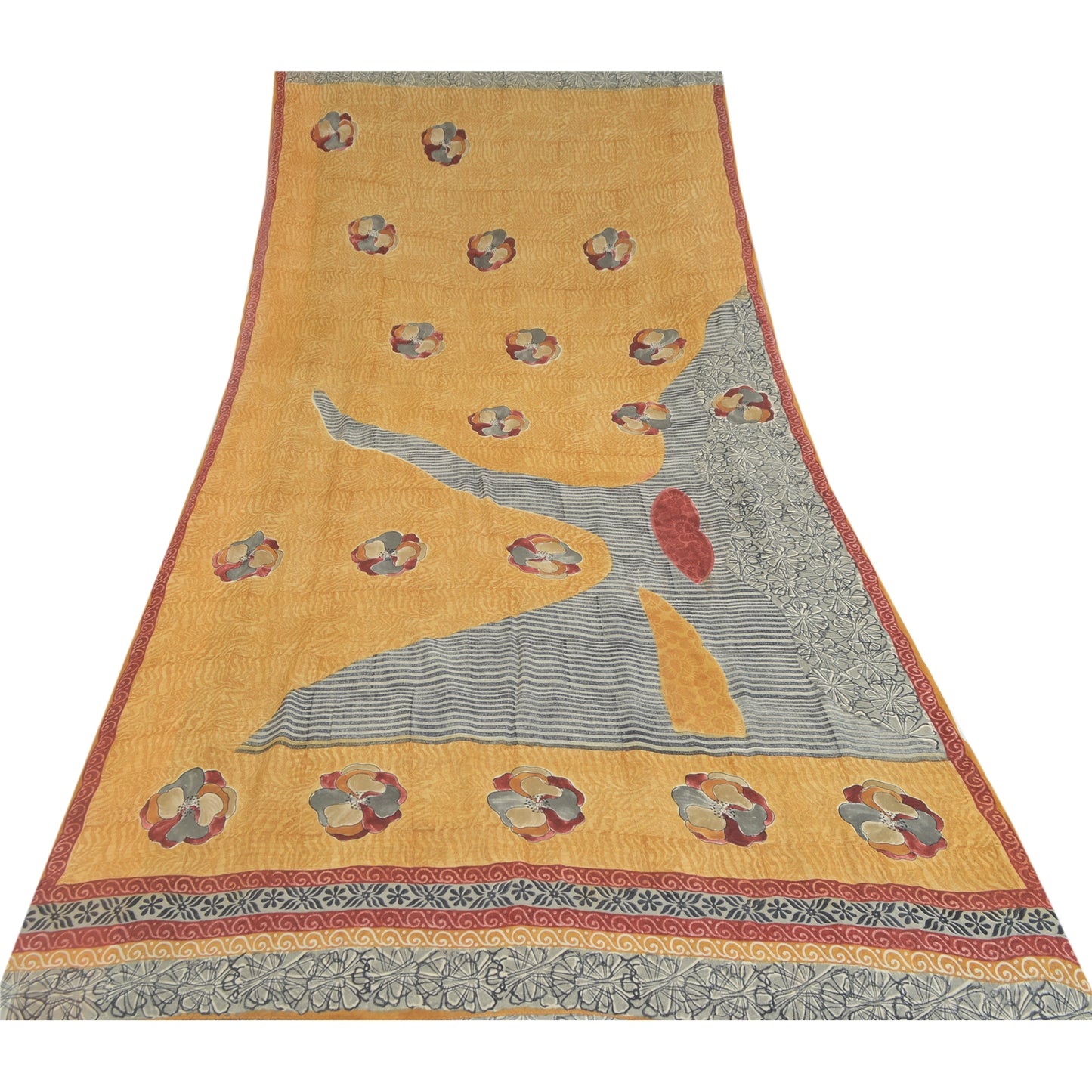 Sanskriti Vintage Sarees Yellow/Gray Pure Georgette Printed Sari Craft Fabric