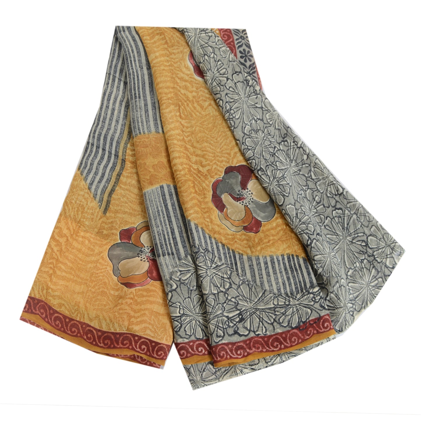 Sanskriti Vintage Sarees Yellow/Gray Pure Georgette Printed Sari Craft Fabric