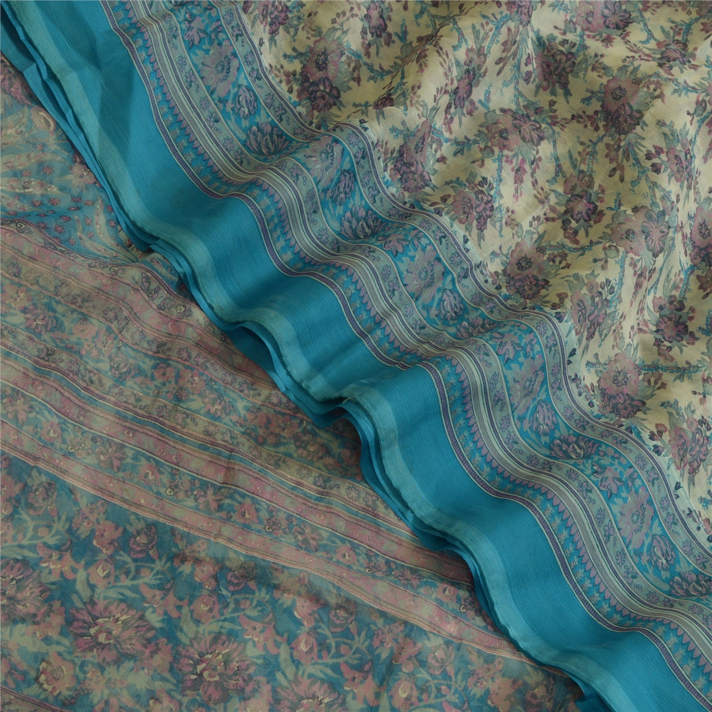 Sanskriti Vintage Sarees Ivory/Blue Pure Chiffon Silk Printed Sari Craft Sustainable Fabric