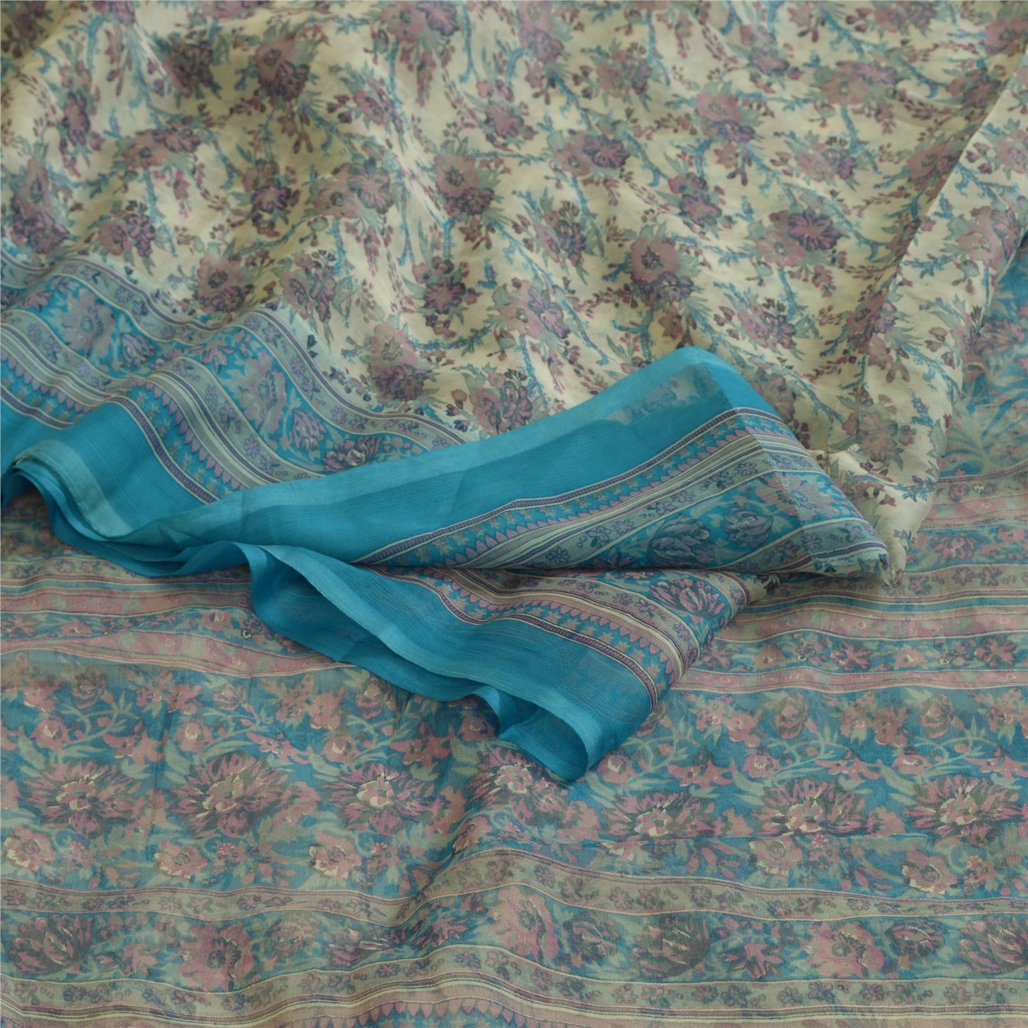 Sanskriti Vintage Sarees Ivory/Blue Pure Chiffon Silk Printed Sari Craft Sustainable Fabric
