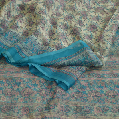 Sanskriti Vintage Sarees Ivory/Blue Pure Chiffon Silk Printed Sari Craft Sustainable Fabric