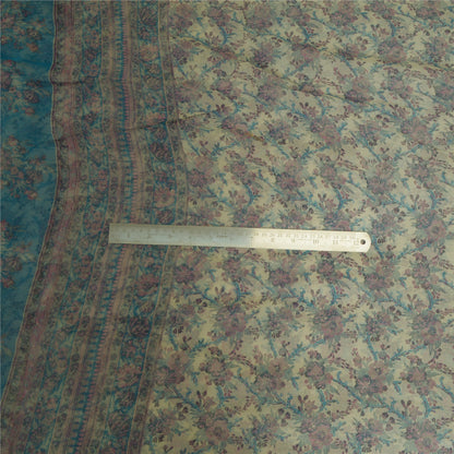 Sanskriti Vintage Sarees Ivory/Blue Pure Chiffon Silk Printed Sari Craft Sustainable Fabric
