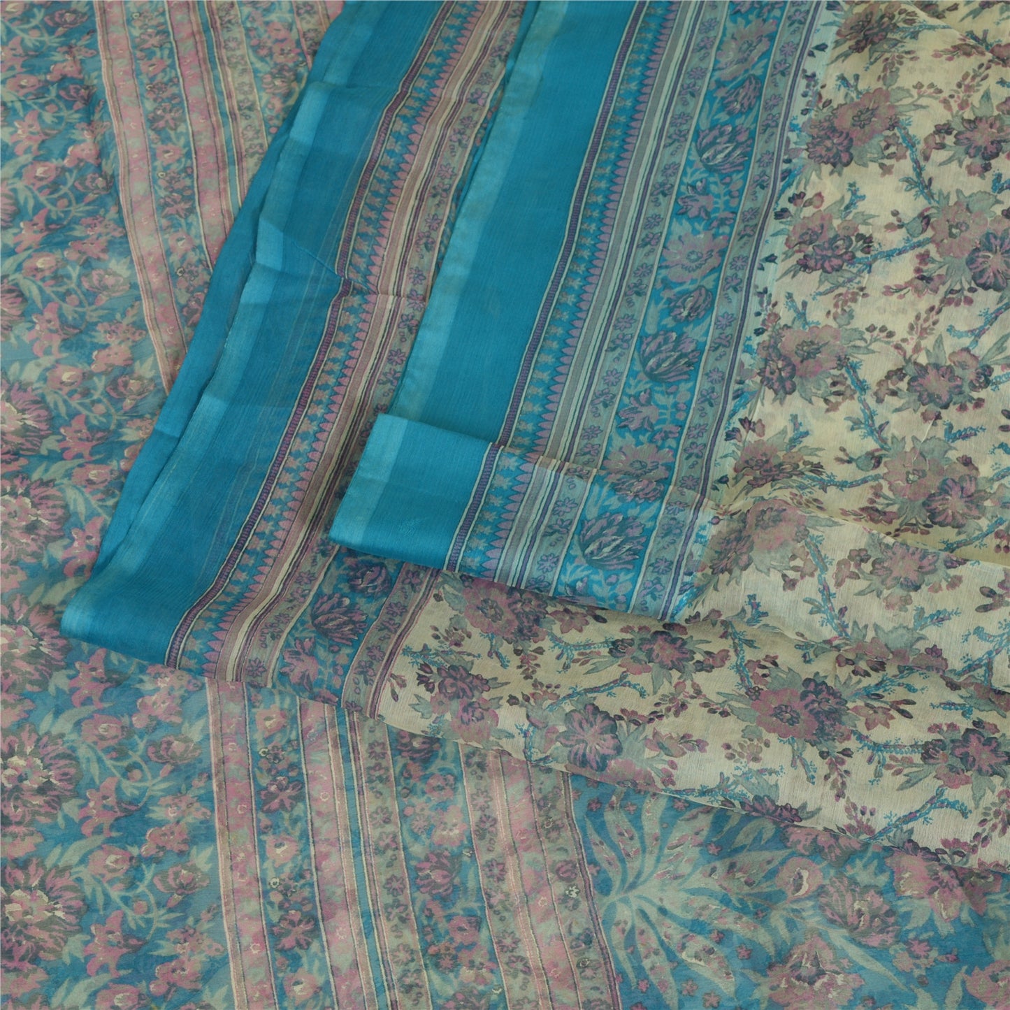 Sanskriti Vintage Sarees Ivory/Blue Pure Chiffon Silk Printed Sari Craft Sustainable Fabric