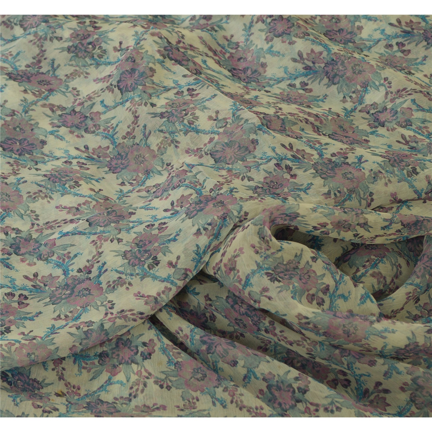 Sanskriti Vintage Sarees Ivory/Blue Pure Chiffon Silk Printed Sari Craft Sustainable Fabric