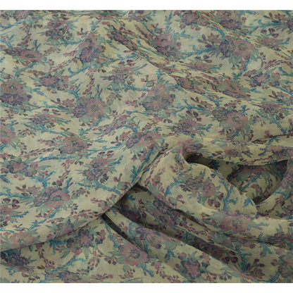 Sanskriti Vintage Sarees Ivory/Blue Pure Chiffon Silk Printed Sari Craft Sustainable Fabric