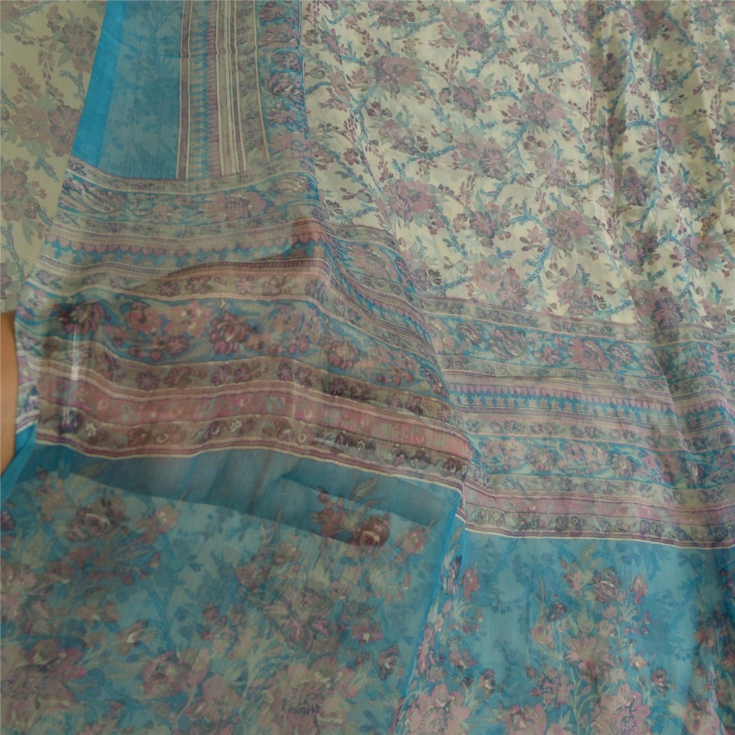Sanskriti Vintage Sarees Ivory/Blue Pure Chiffon Silk Printed Sari Craft Sustainable Fabric