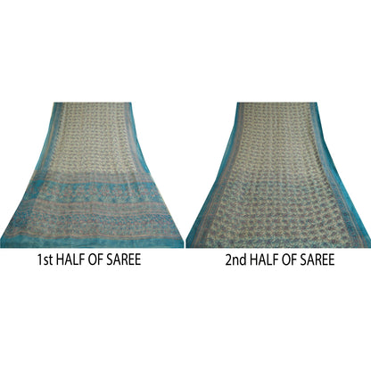 Sanskriti Vintage Sarees Ivory/Blue Pure Chiffon Silk Printed Sari Craft Sustainable Fabric