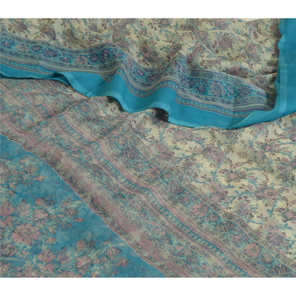 Sanskriti Vintage Sarees Ivory/Blue Pure Chiffon Silk Printed Sari Craft Sustainable Fabric