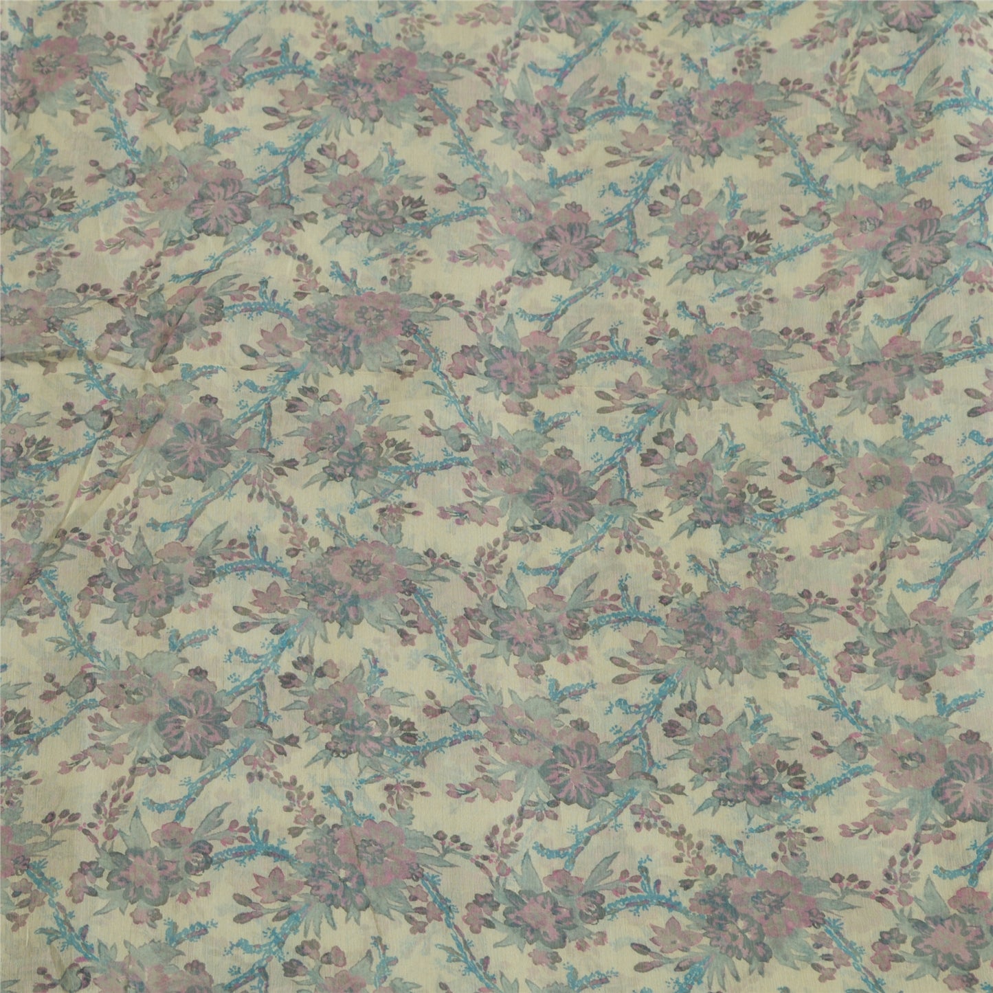 Sanskriti Vintage Sarees Ivory/Blue Pure Chiffon Silk Printed Sari Craft Sustainable Fabric