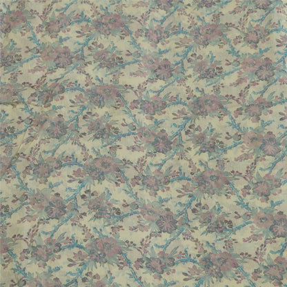 Sanskriti Vintage Sarees Ivory/Blue Pure Chiffon Silk Printed Sari Craft Sustainable Fabric