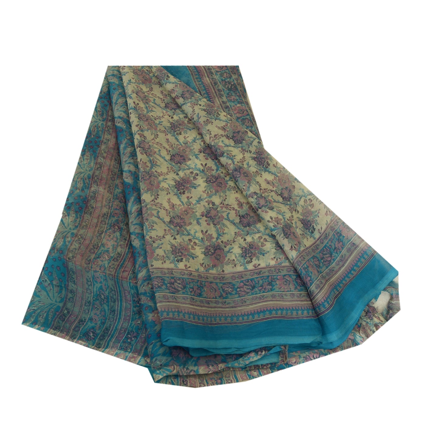 Sanskriti Vintage Sarees Ivory/Blue Pure Chiffon Silk Printed Sari Craft Sustainable Fabric