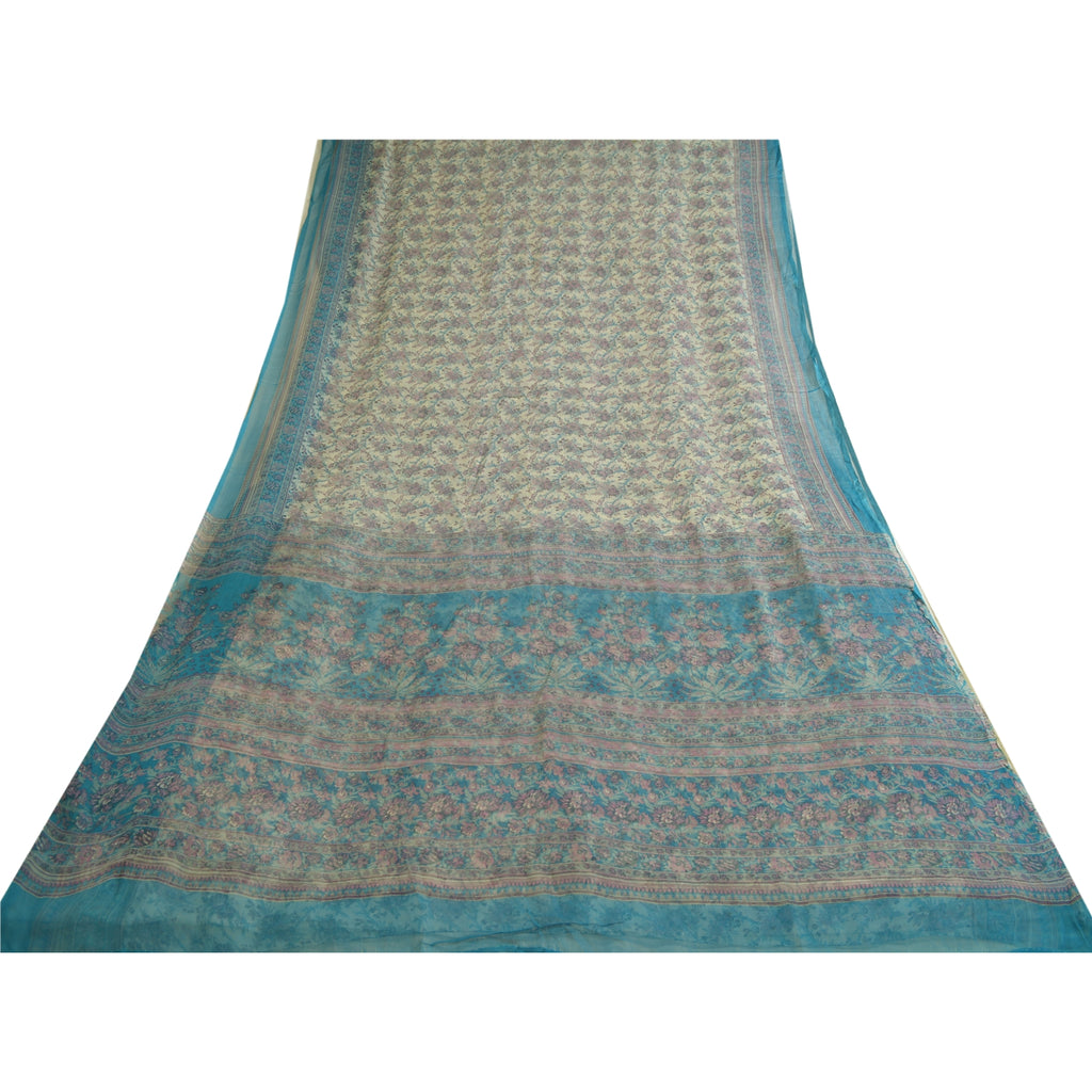 Sanskriti Vintage Sarees Ivory/Blue Pure Chiffon Silk Printed Sari Craft Sustainable Fabric