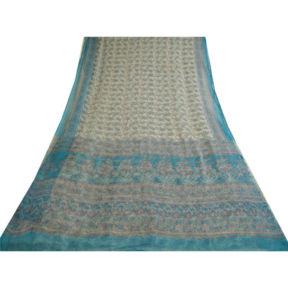 Sanskriti Vintage Sarees Ivory/Blue Pure Chiffon Silk Printed Sari Craft Sustainable Fabric