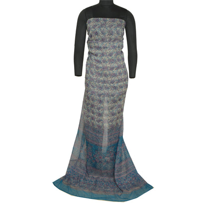 Sanskriti Vintage Sarees Ivory/Blue Pure Chiffon Silk Printed Sari Craft Sustainable Fabric
