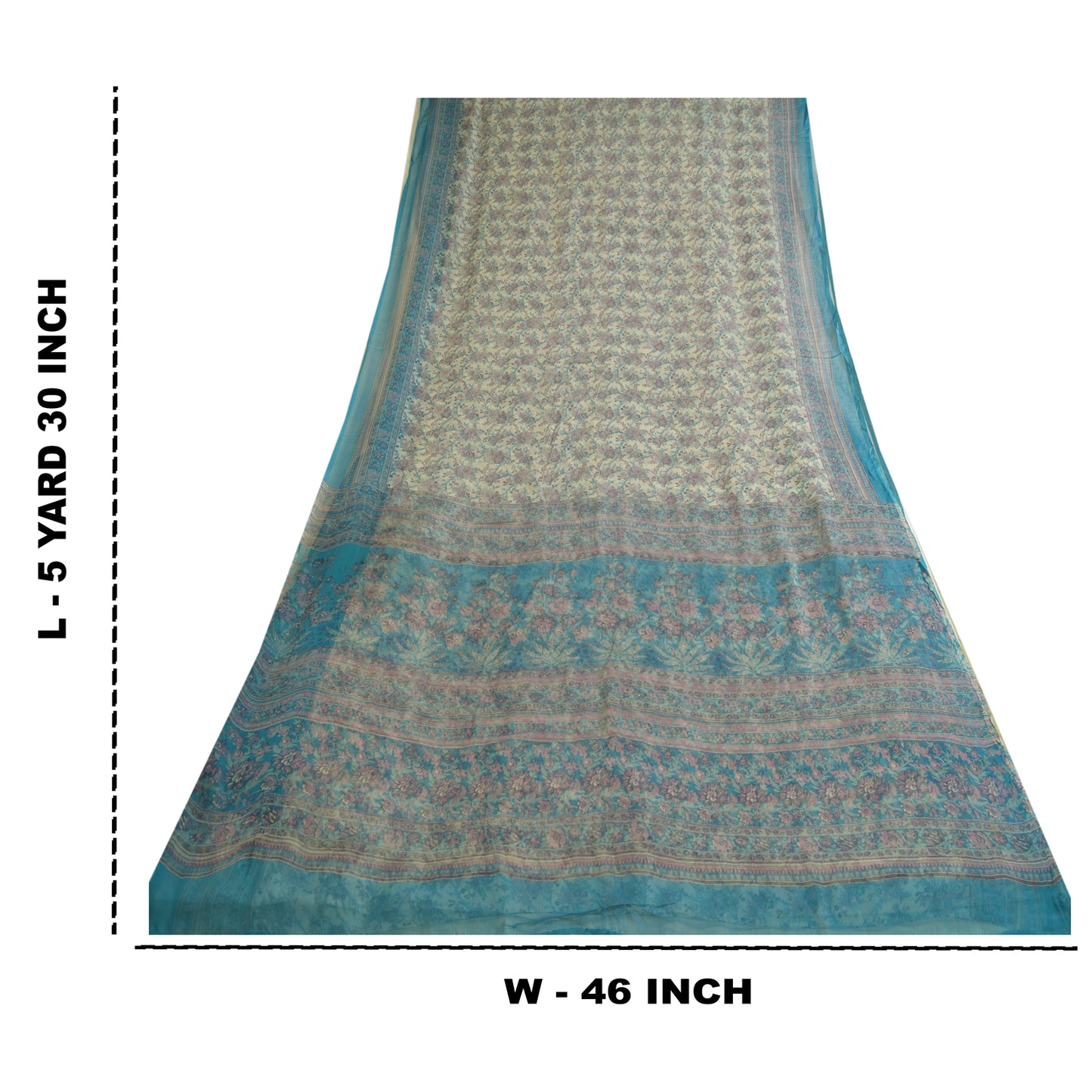 Sanskriti Vintage Sarees Ivory/Blue Pure Chiffon Silk Printed Sari Craft Sustainable Fabric