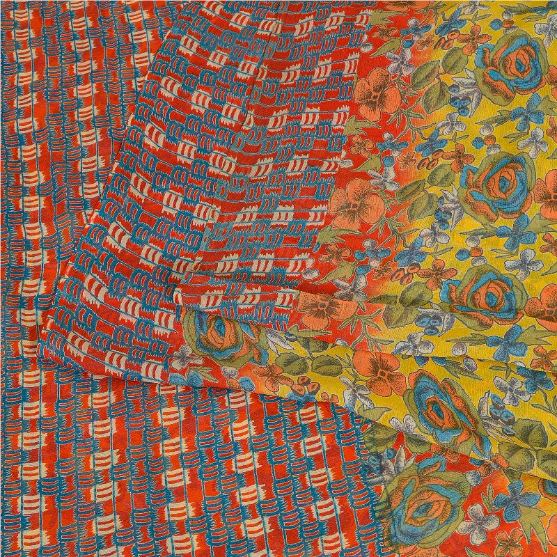 Sanskriti Vintage Sarees Yellow Pure Chiffon Silk Printed Sari Soft Craft Sustainable Fabric