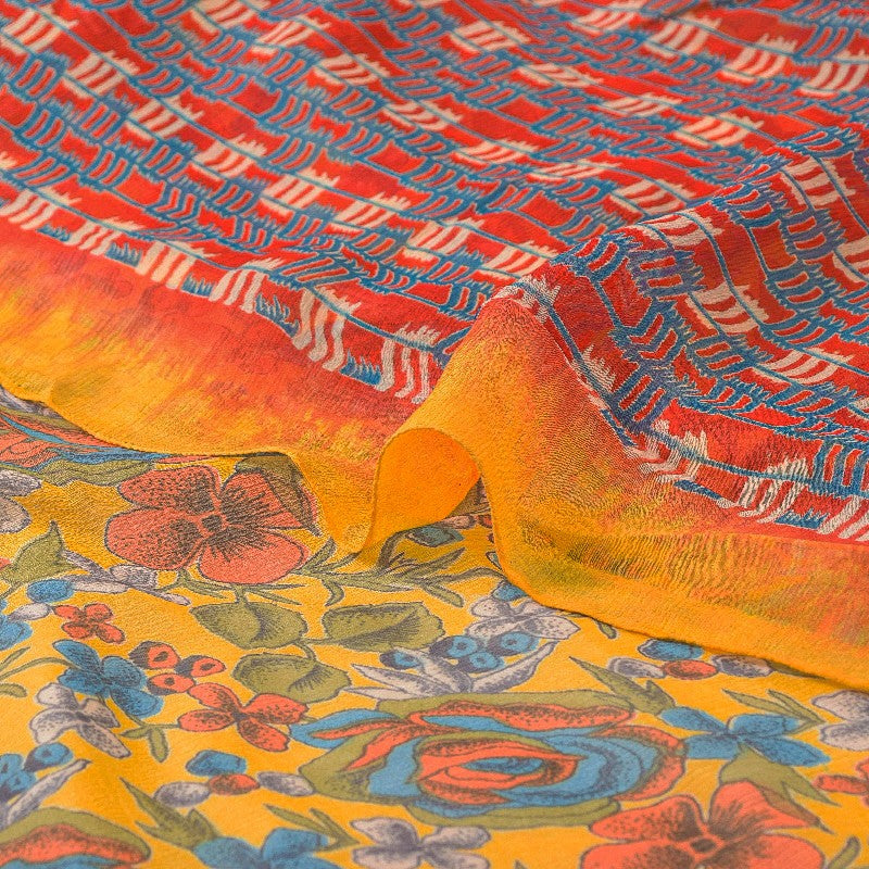 Sanskriti Vintage Sarees Yellow Pure Chiffon Silk Printed Sari Soft Craft Sustainable Fabric