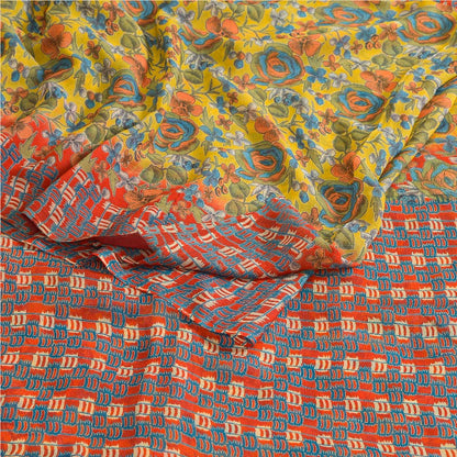 Sanskriti Vintage Sarees Yellow Pure Chiffon Silk Printed Sari Soft Craft Sustainable Fabric