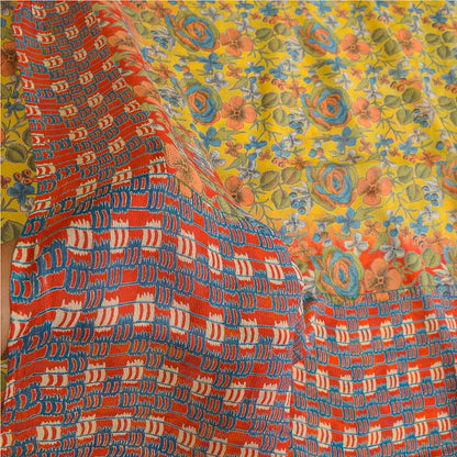 Sanskriti Vintage Sarees Yellow Pure Chiffon Silk Printed Sari Soft Craft Sustainable Fabric