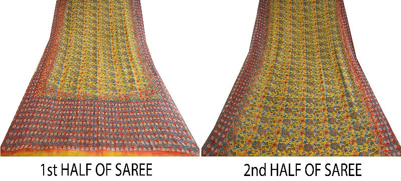 Sanskriti Vintage Sarees Yellow Pure Chiffon Silk Printed Sari Soft Craft Sustainable Fabric