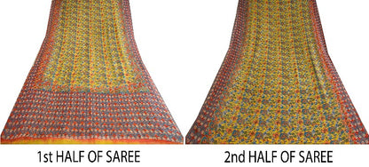 Sanskriti Vintage Sarees Yellow Pure Chiffon Silk Printed Sari Soft Craft Sustainable Fabric