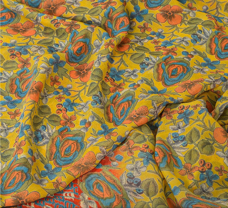 Sanskriti Vintage Sarees Yellow Pure Chiffon Silk Printed Sari Soft Craft Sustainable Fabric