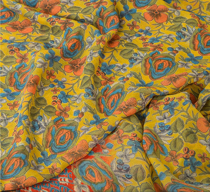 Sanskriti Vintage Sarees Yellow Pure Chiffon Silk Printed Sari Soft Craft Sustainable Fabric