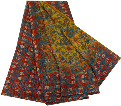 Sanskriti Vintage Sarees Yellow Pure Chiffon Silk Printed Sari Soft Craft Sustainable Fabric