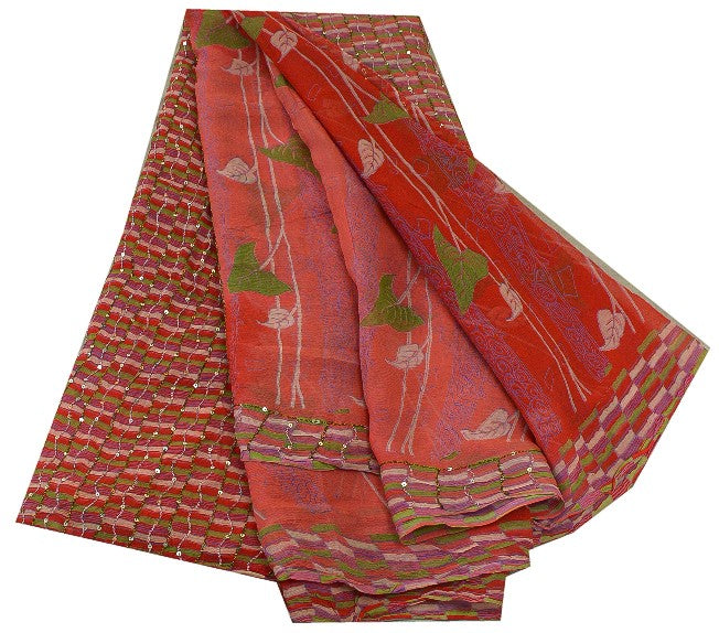 Sanskriti Vintage Sarees Rød/Pink Håndperle Ren Chiffon Silke Trykt Sari Bæredygtigt Stof