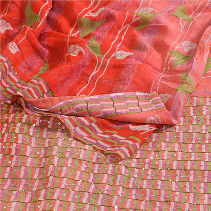 Sanskriti Vintage Sarees Rød/Pink Håndperle Ren Chiffon Silke Trykt Sari Bæredygtigt Stof