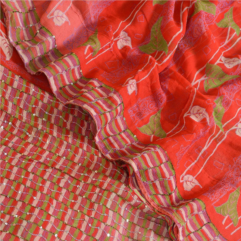 Sanskriti Vintage Sarees Rød/Pink Håndperle Ren Chiffon Silke Trykt Sari Bæredygtigt Stof