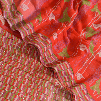 Sanskriti Vintage Sarees Rød/Pink Håndperle Ren Chiffon Silke Trykt Sari Bæredygtigt Stof