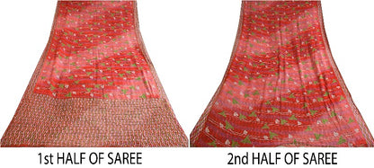 Sanskriti Vintage Sarees Rød/Pink Håndperle Ren Chiffon Silke Trykt Sari Bæredygtigt Stof