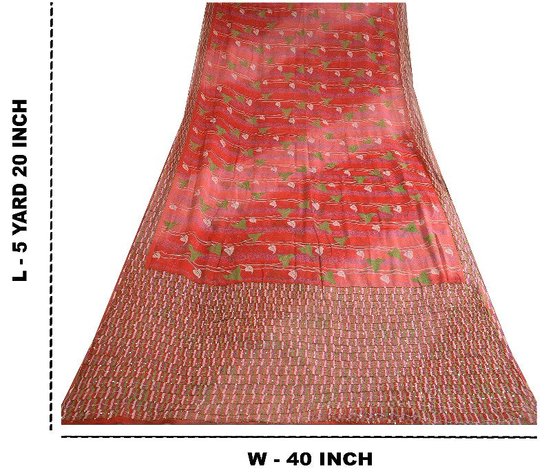 Sanskriti Vintage Sarees Rød/Pink Håndperle Ren Chiffon Silke Trykt Sari Bæredygtigt Stof
