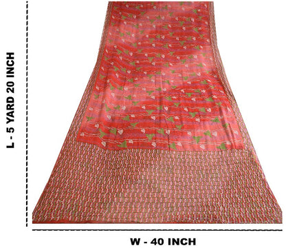 Sanskriti Vintage Sarees Rød/Pink Håndperle Ren Chiffon Silke Trykt Sari Bæredygtigt Stof