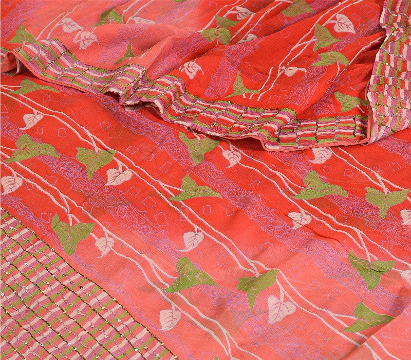 Sanskriti Vintage Sarees Rød/Pink Håndperle Ren Chiffon Silke Trykt Sari Bæredygtigt Stof