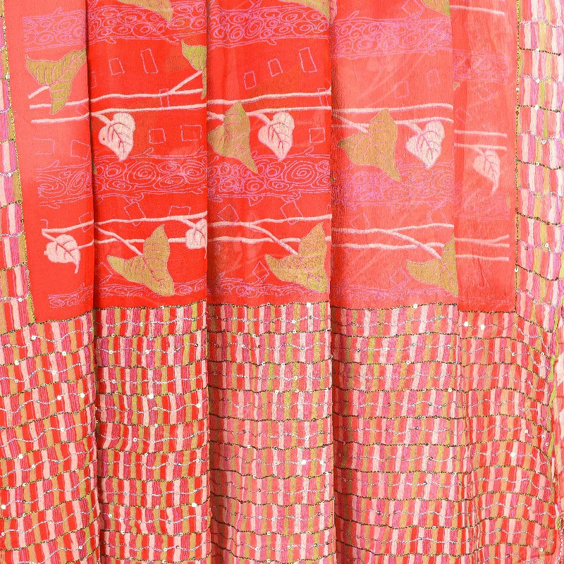 Sanskriti Vintage Sarees Rød/Pink Håndperle Ren Chiffon Silke Trykt Sari Bæredygtigt Stof