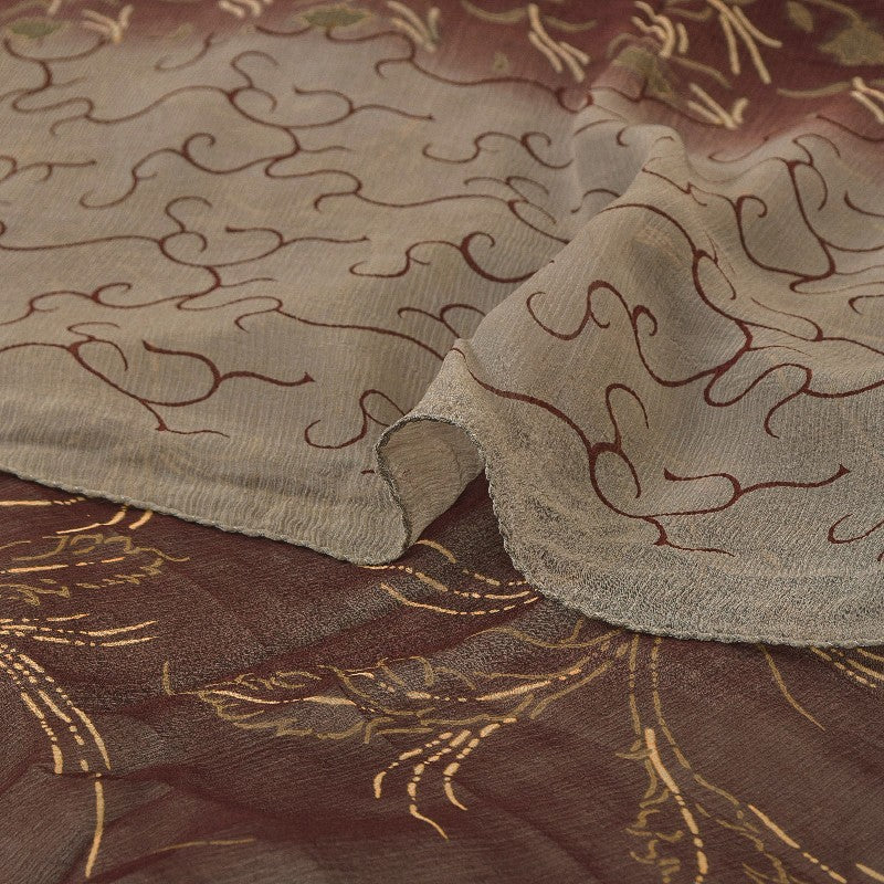 Sanskriti Vintage Sarees Indian Brown Pure Chiffon Silk Print Sari Craft Sustainable Fabric