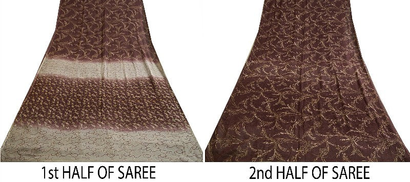 Sanskriti Vintage Sarees Indian Brown Pure Chiffon Silk Print Sari Craft Sustainable Fabric