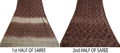 Sanskriti Vintage Sarees Indian Brown Pure Chiffon Silk Print Sari Craft Sustainable Fabric