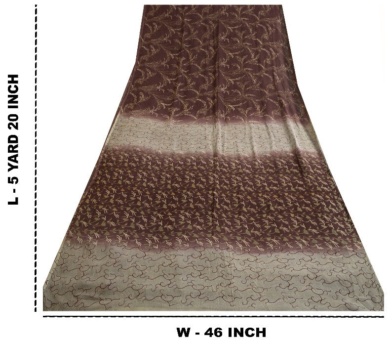 Sanskriti Vintage Sarees Indian Brown Pure Chiffon Silk Print Sari Craft Sustainable Fabric