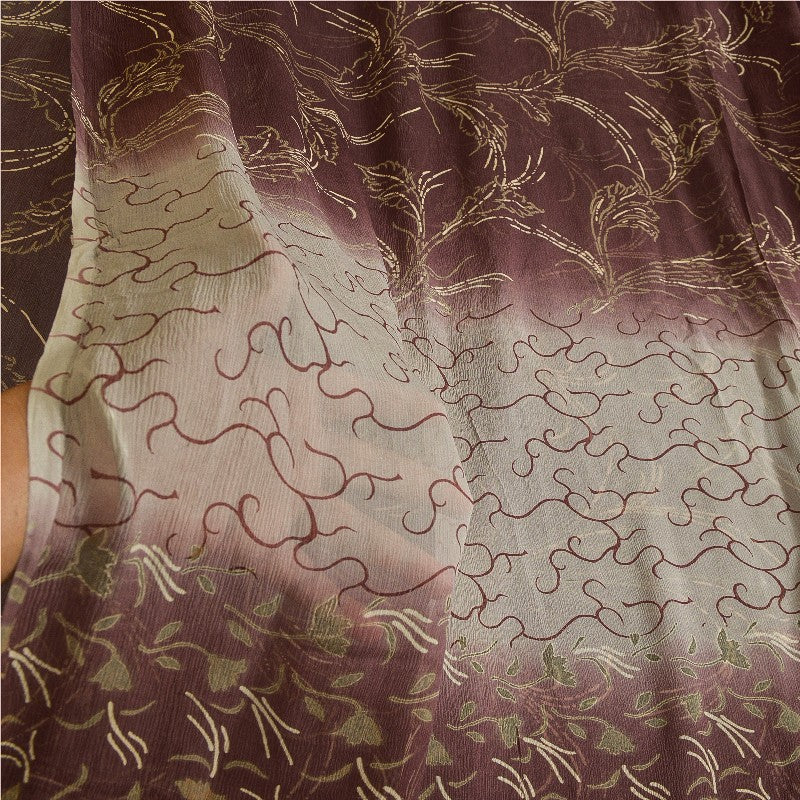 Sanskriti Vintage Sarees Indian Brown Pure Chiffon Silk Print Sari Craft Sustainable Fabric