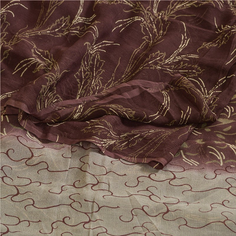 Sanskriti Vintage Sarees Indian Brown Pure Chiffon Silk Print Sari Craft Sustainable Fabric