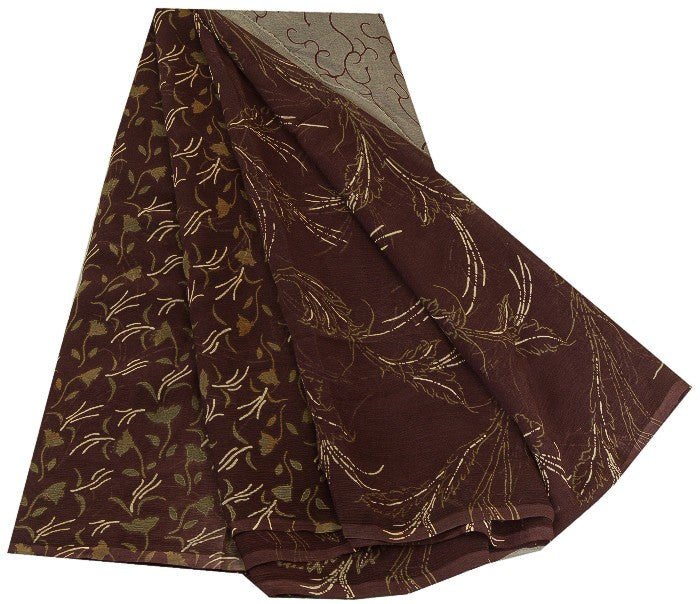 Sanskriti Vintage Sarees Indian Brown Pure Chiffon Silk Print Sari Craft Sustainable Fabric
