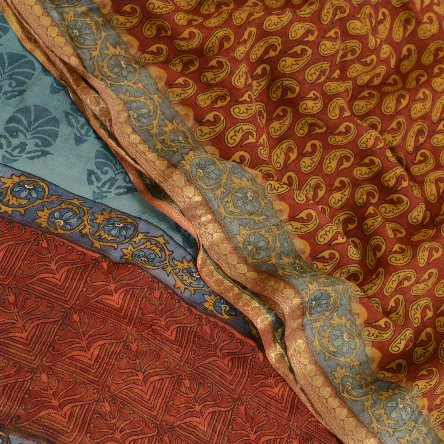 Sanskriti Vintage Saree Dark Red Pure Chiffon Silk Printed Sari Craft Fabric