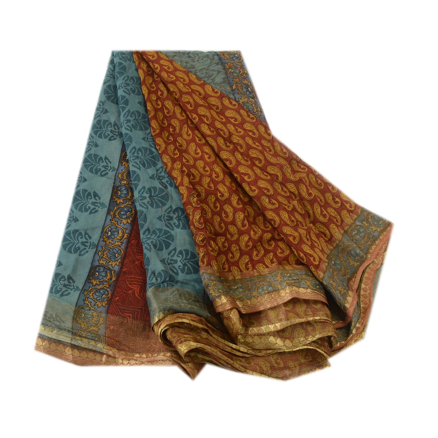 Sanskriti Vintage Saree Dark Red Pure Chiffon Silk Printed Sari Craft Fabric