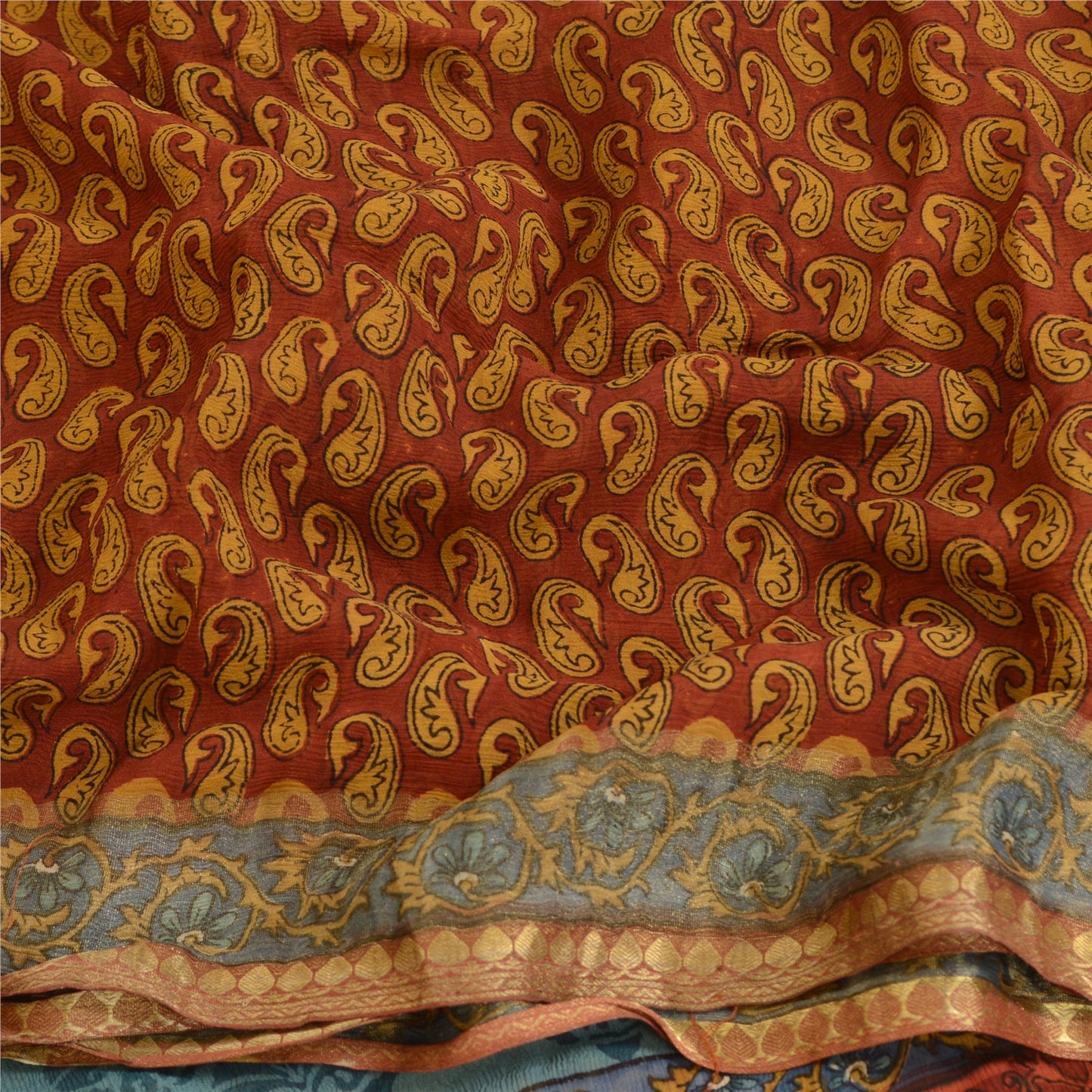 Sanskriti Vintage Saree Dark Red Pure Chiffon Silk Printed Sari Craft Fabric