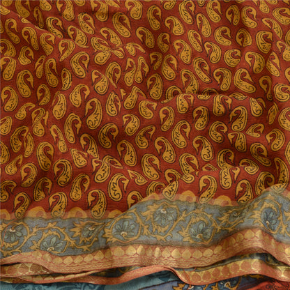 Sanskriti Vintage Saree Dark Red Pure Chiffon Silk Printed Sari Craft Fabric